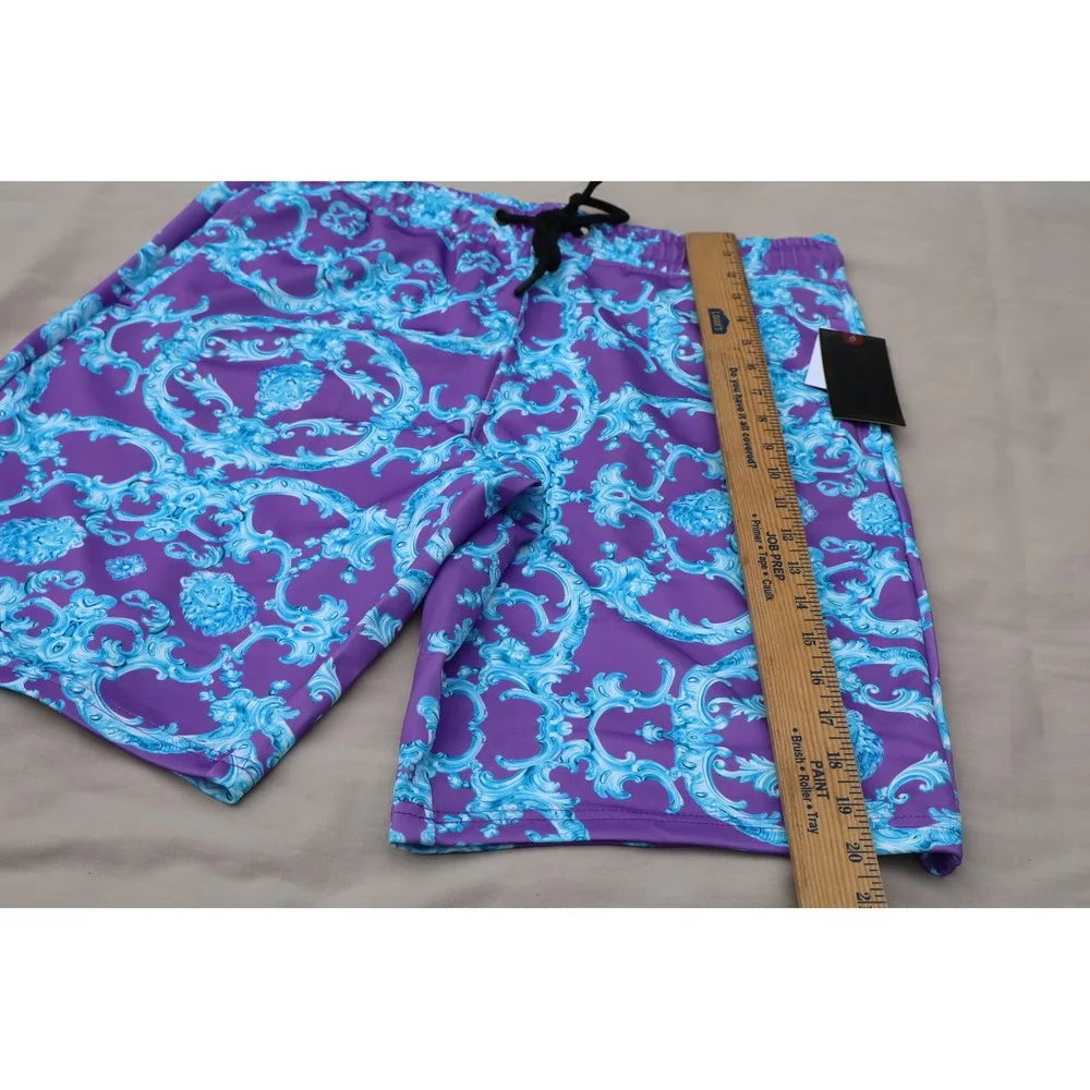 Baroque Gold by Drill Clothing Co Purple Cyan Lion Print Swim Trunks Mens Medium